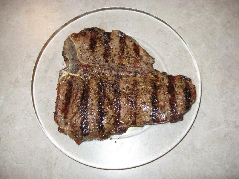 T-bone steak showing the T-shaped bone dividing fillet and striploin