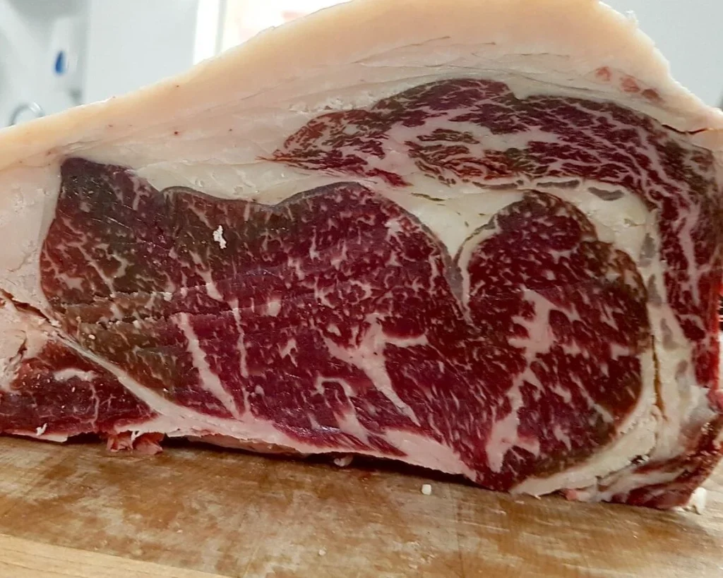 Close-up of marbled dry-aged Irish beef at Featherblade