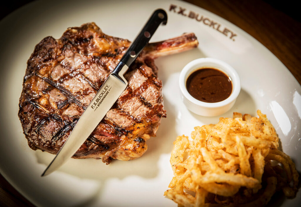 Chargrilled F.X. Buckley steak with chips and pepper sauce